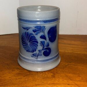 Vintage German salt glaze stoneware floral design cobalt blue & gray beer stein